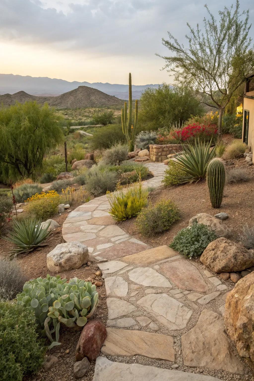 Stone pathways provide structure and charm in a desert garden.