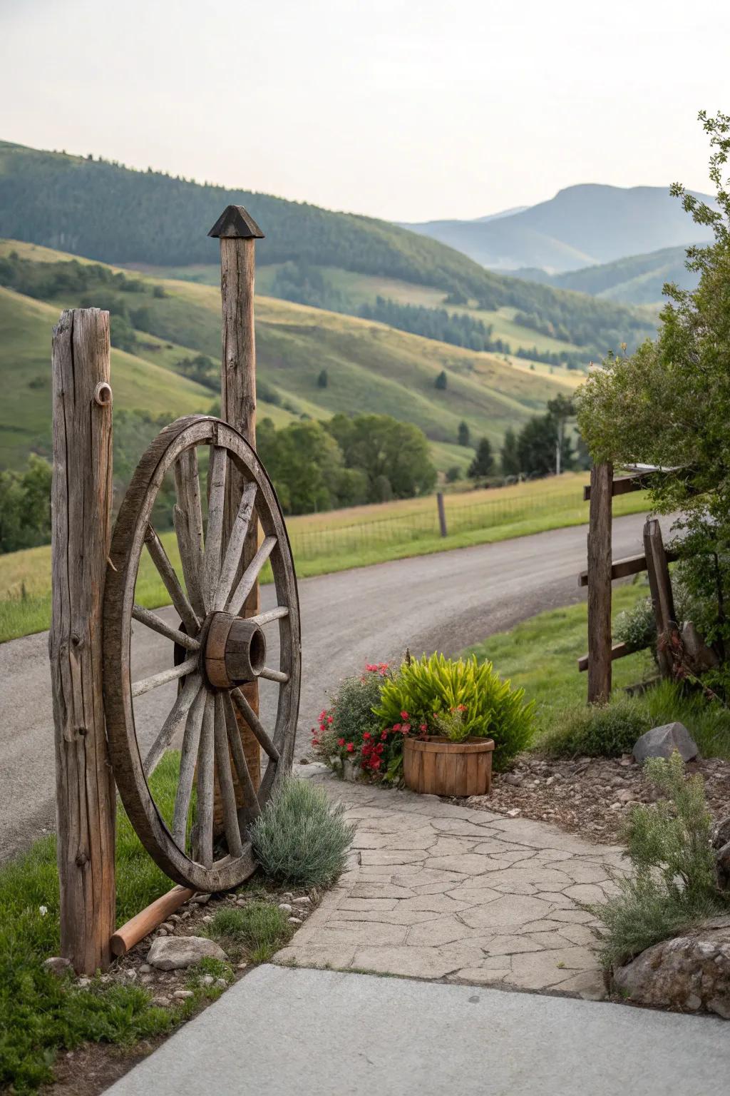 Wooden posts and wagon wheels create a rustic and inviting driveway entrance.