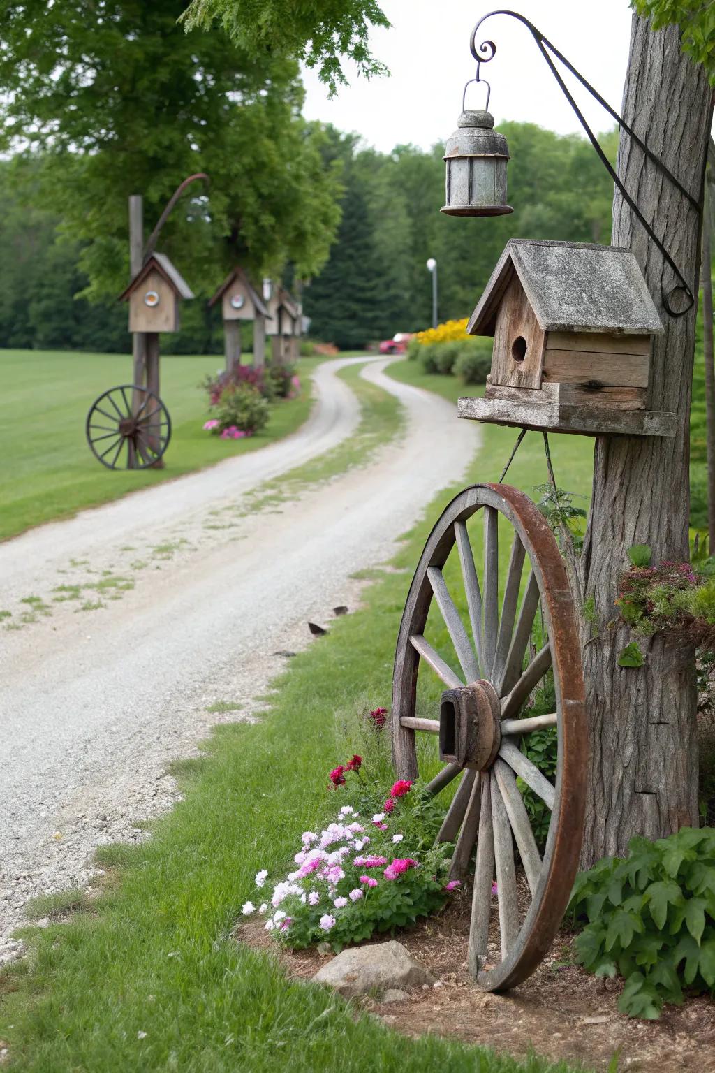 Birdhouses and feeders bring life and movement to this wagon wheel entrance.