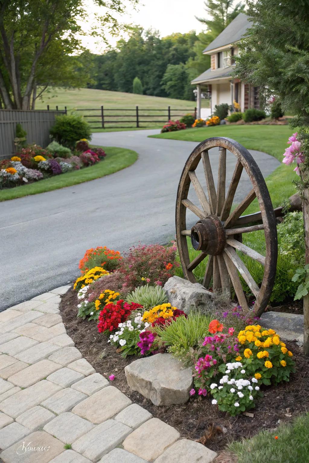 A vibrant floral display enhances the rustic charm of this wagon wheel entrance.