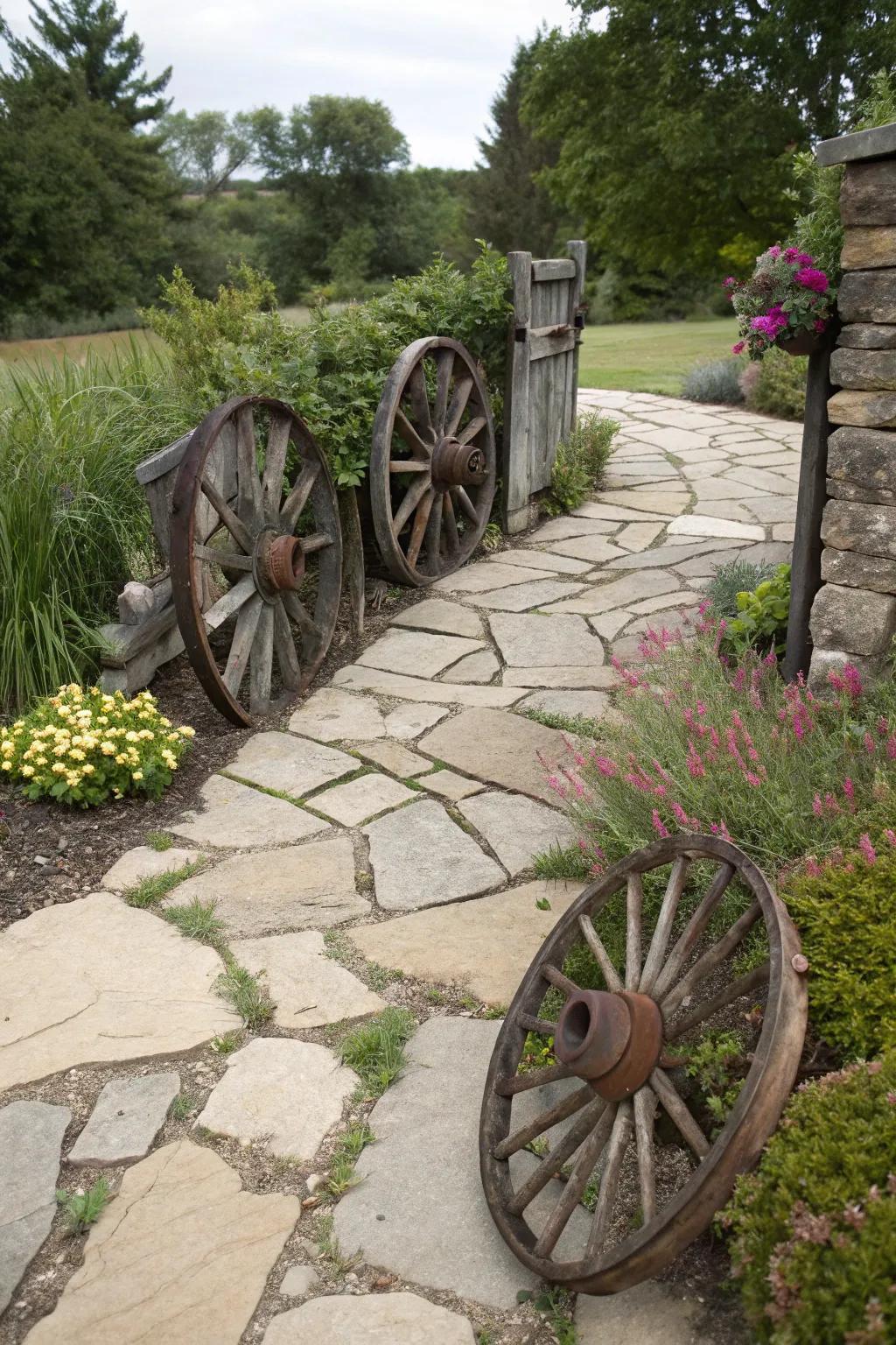 Wagon wheels and stones blend seamlessly in this functional and beautiful entrance.