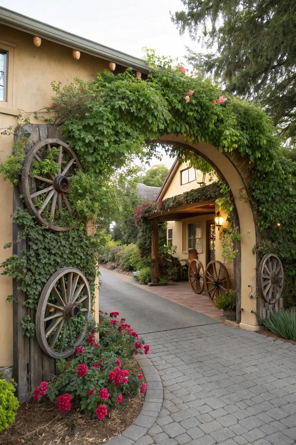 A charming archway of wagon wheels and greenery welcomes you home.
