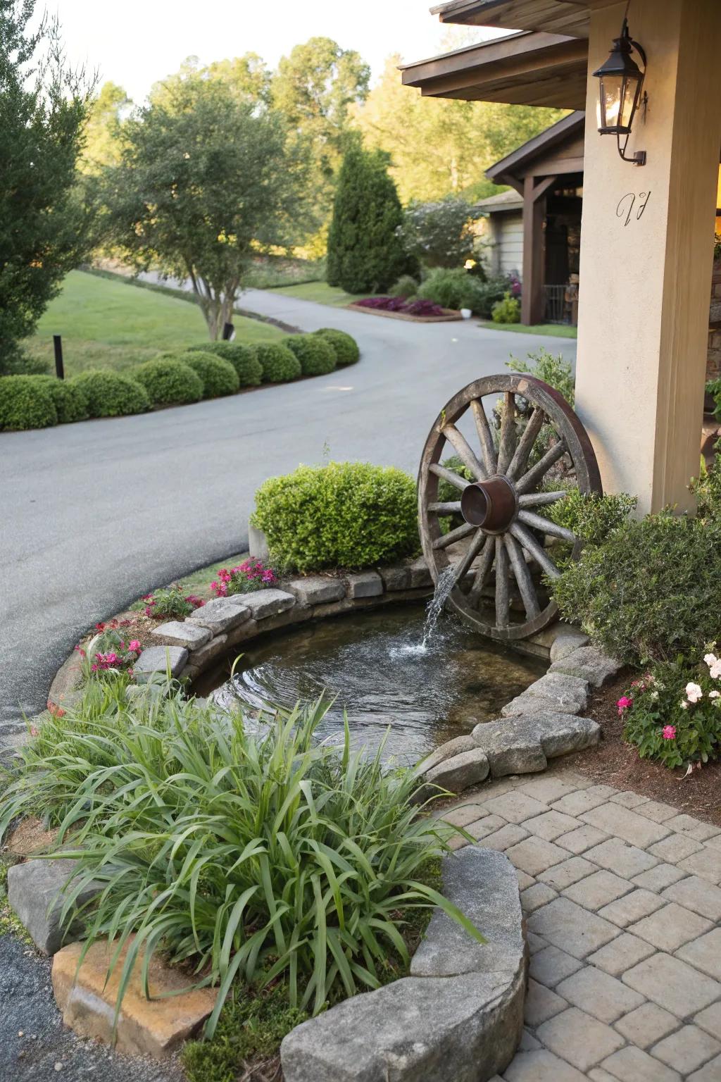 A gently cascading water feature with a wagon wheel centerpiece adds tranquility.