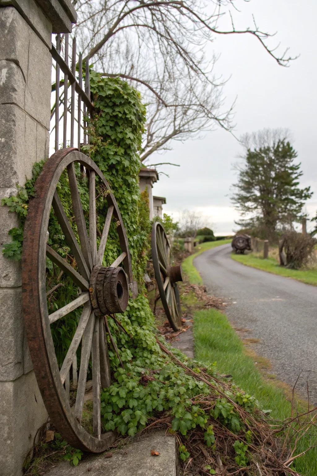 Creeping vines transform wagon wheels into a living, breathing entrance feature.