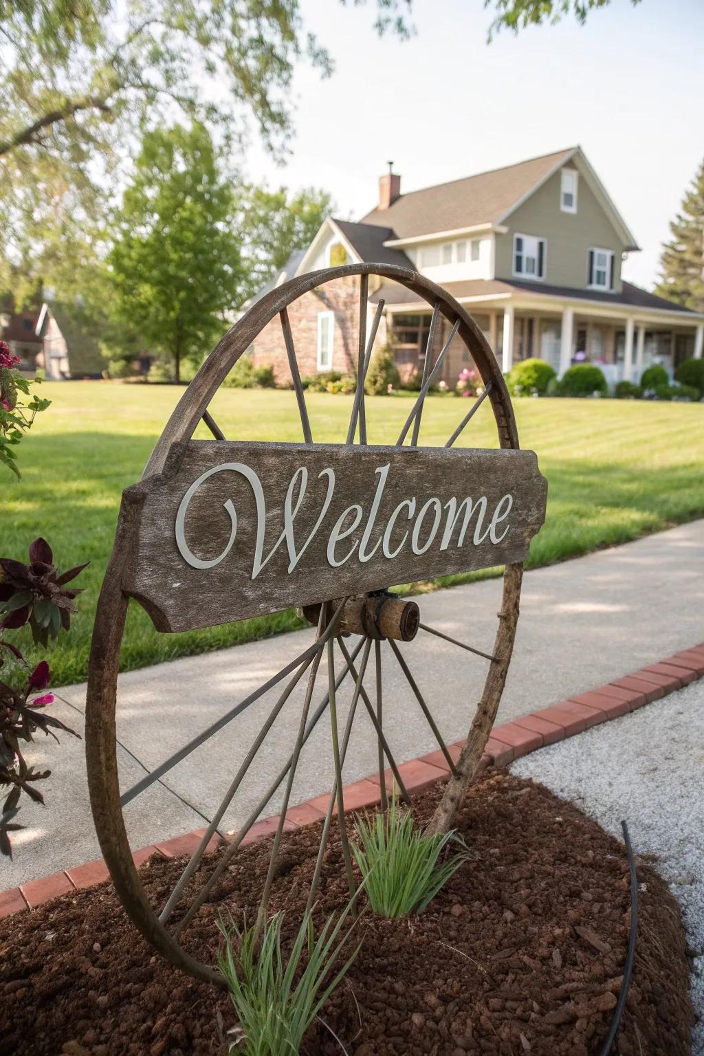 A warm welcome awaits guests with this wagon wheel adorned with a personalized sign.