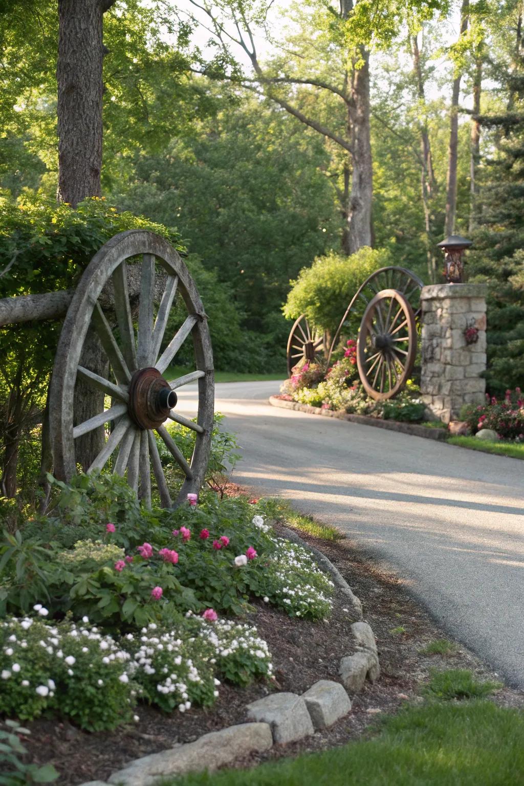 Artistic elements turn wagon wheels into a captivating garden sculpture.