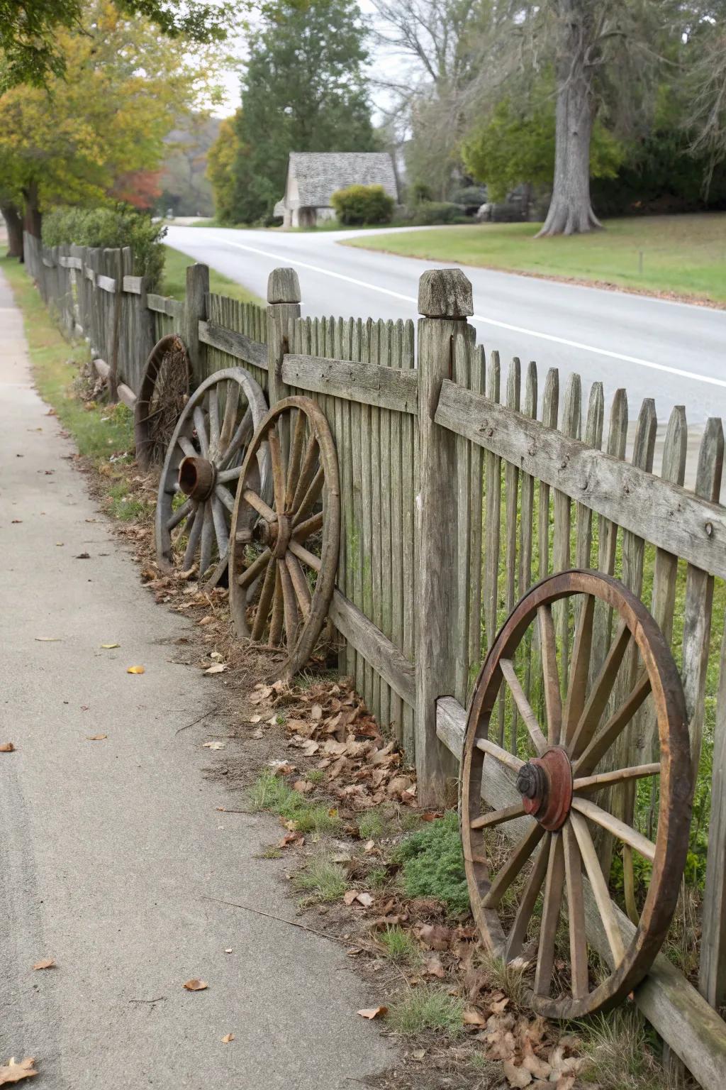 A country-style fence made of wagon wheels adds character and charm to this driveway.