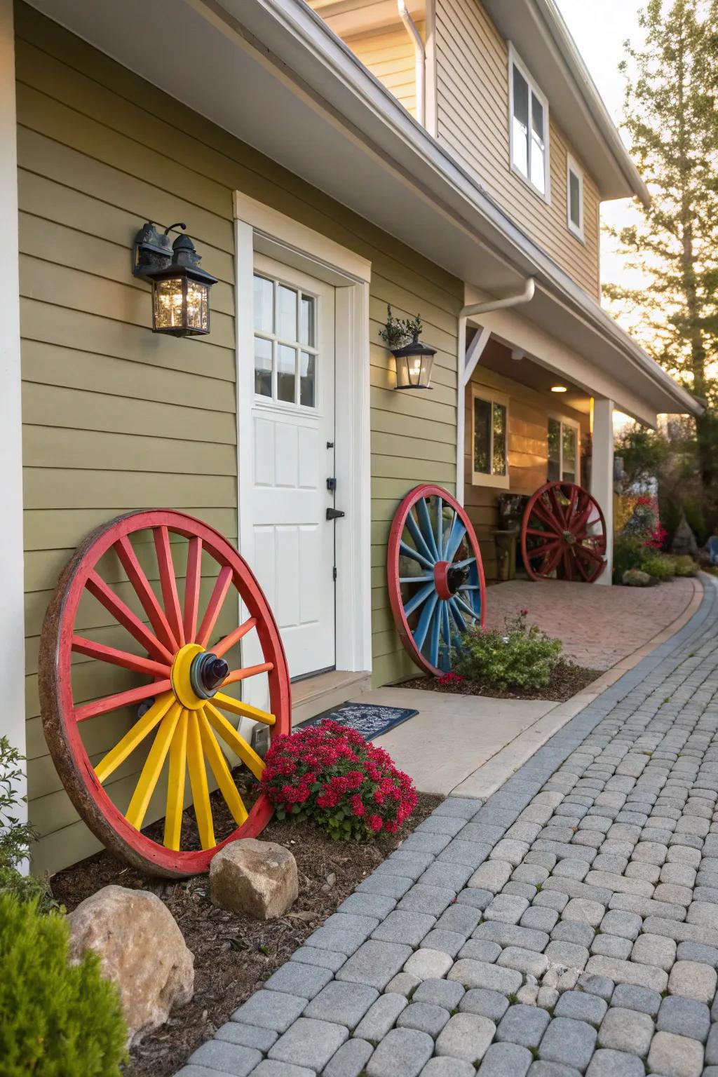 Painted wagon wheels add a personalized and colorful touch to this entrance.