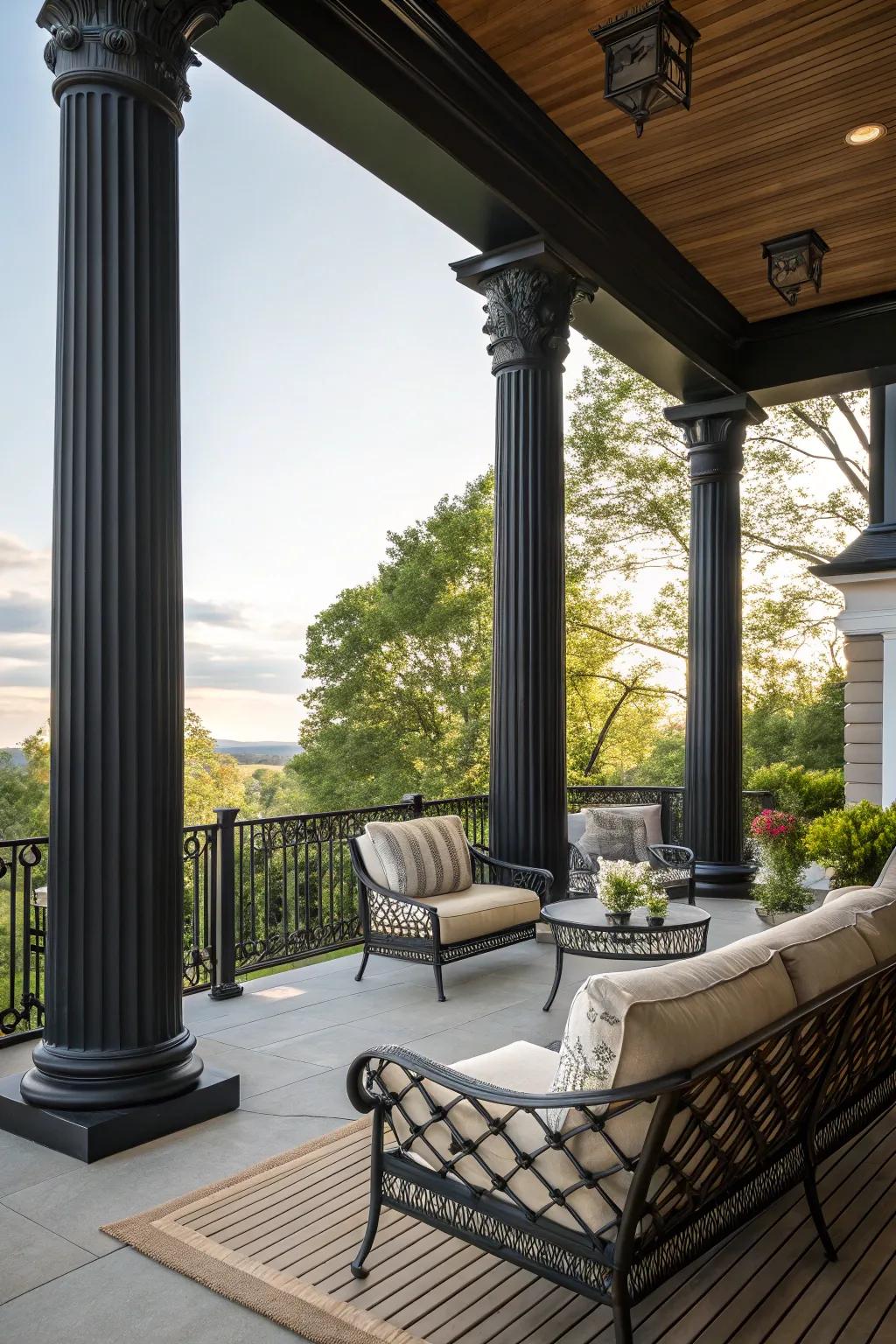 Bold black columns make a dramatic statement on a farmhouse porch.