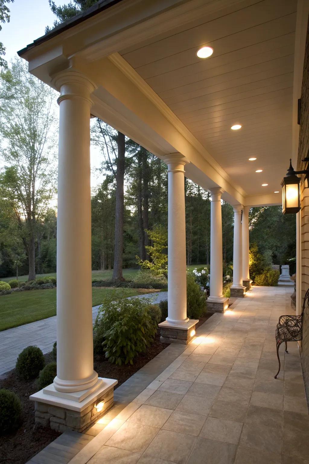 Integrated lighting in columns creates a warm and inviting porch atmosphere.