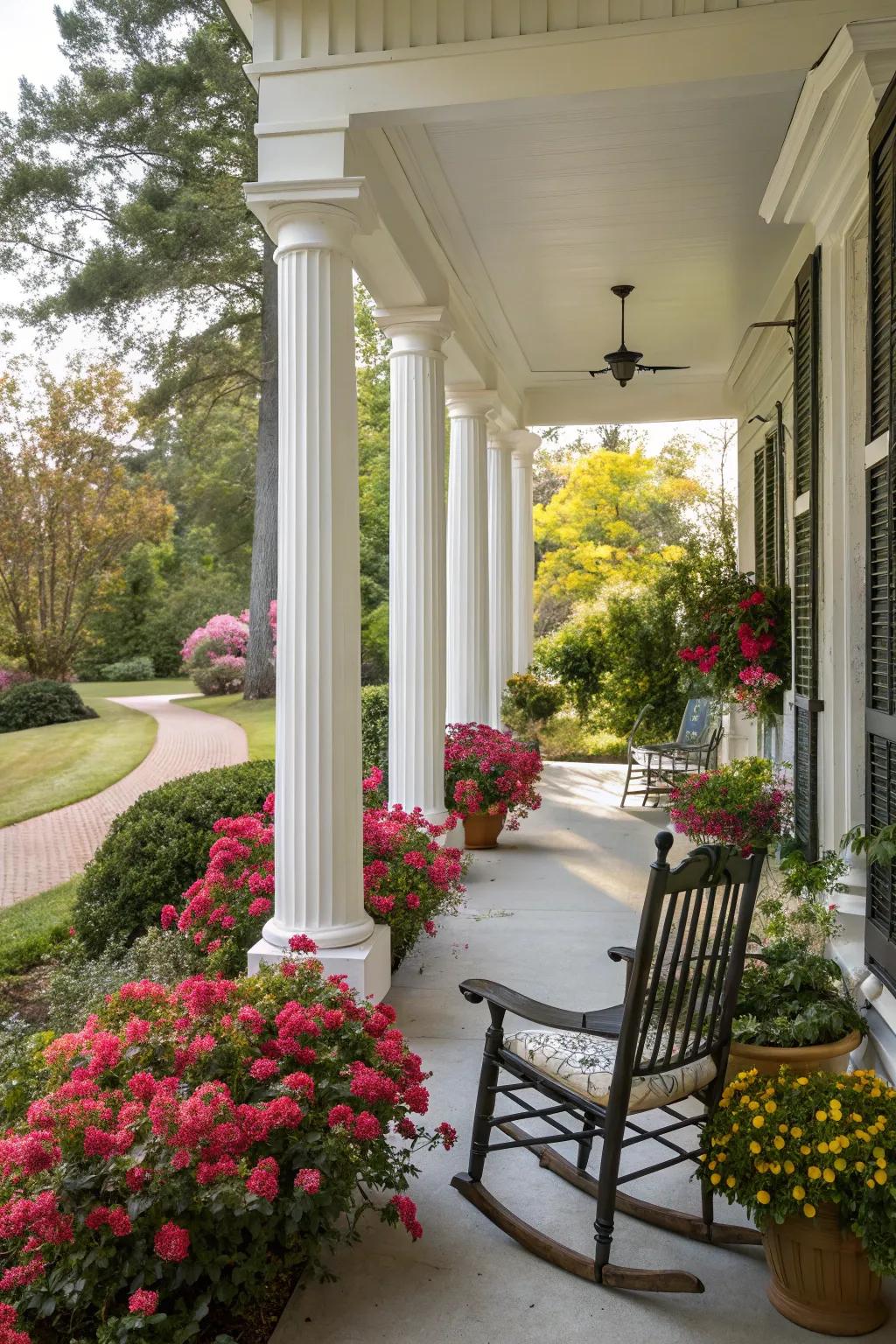 Painted columns add a touch of elegance to a farmhouse porch.