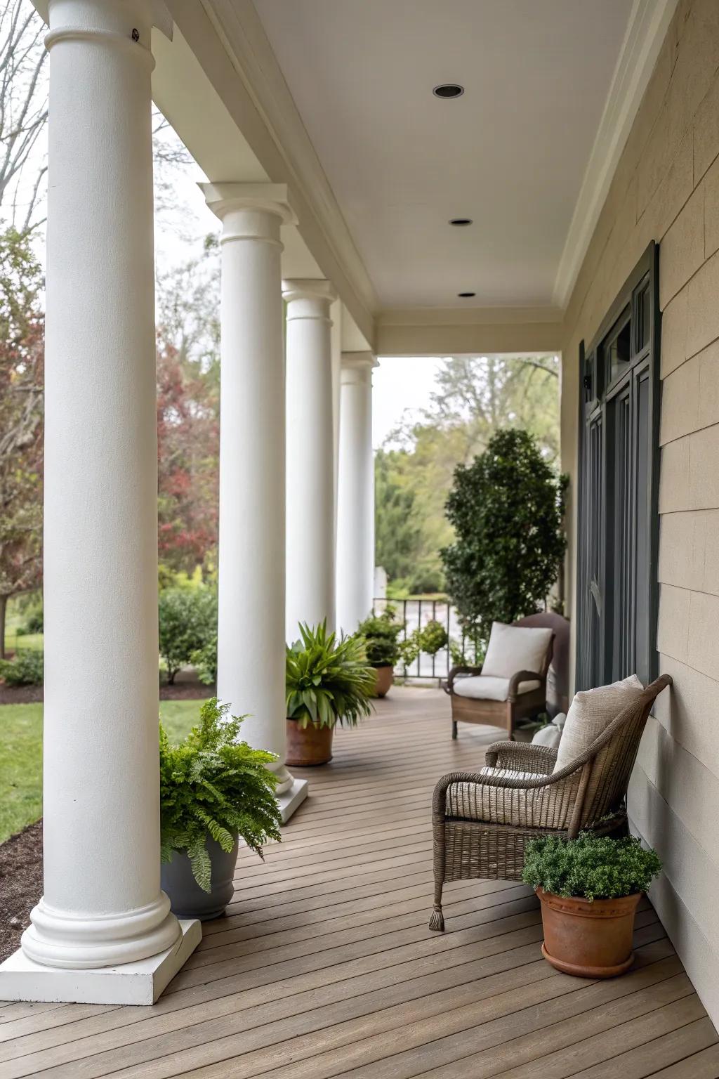 Neutral-toned columns create a serene and inviting porch space.