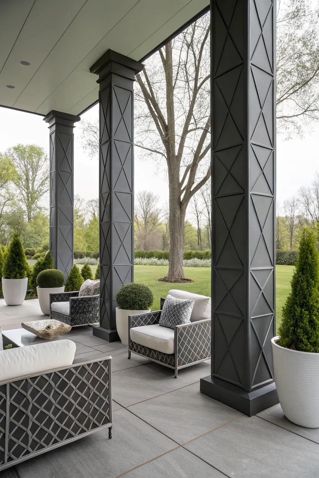 Geometric columns introduce a contemporary flair to farmhouse design.