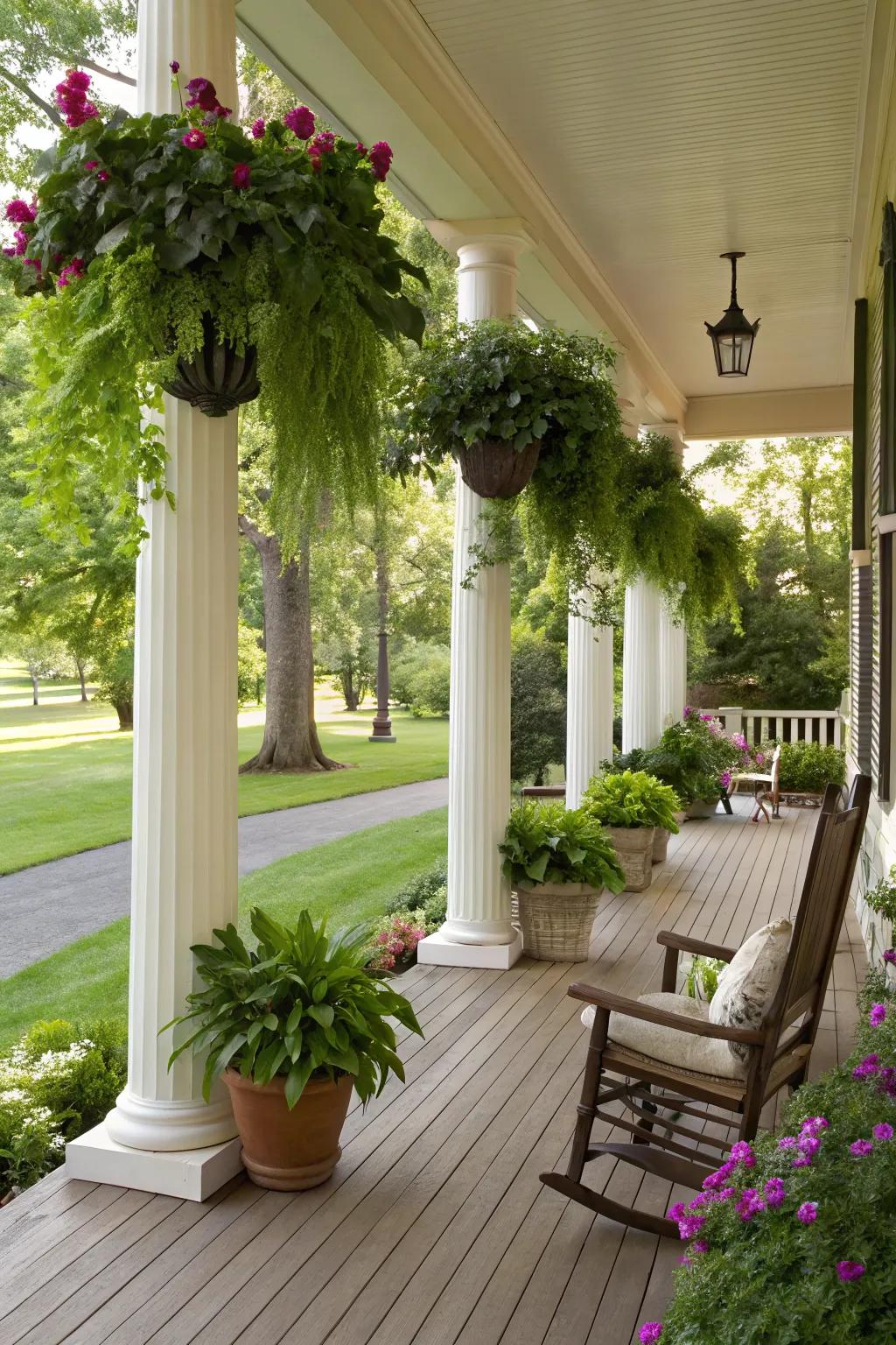 Columns that double as planters infuse greenery into the porch space.