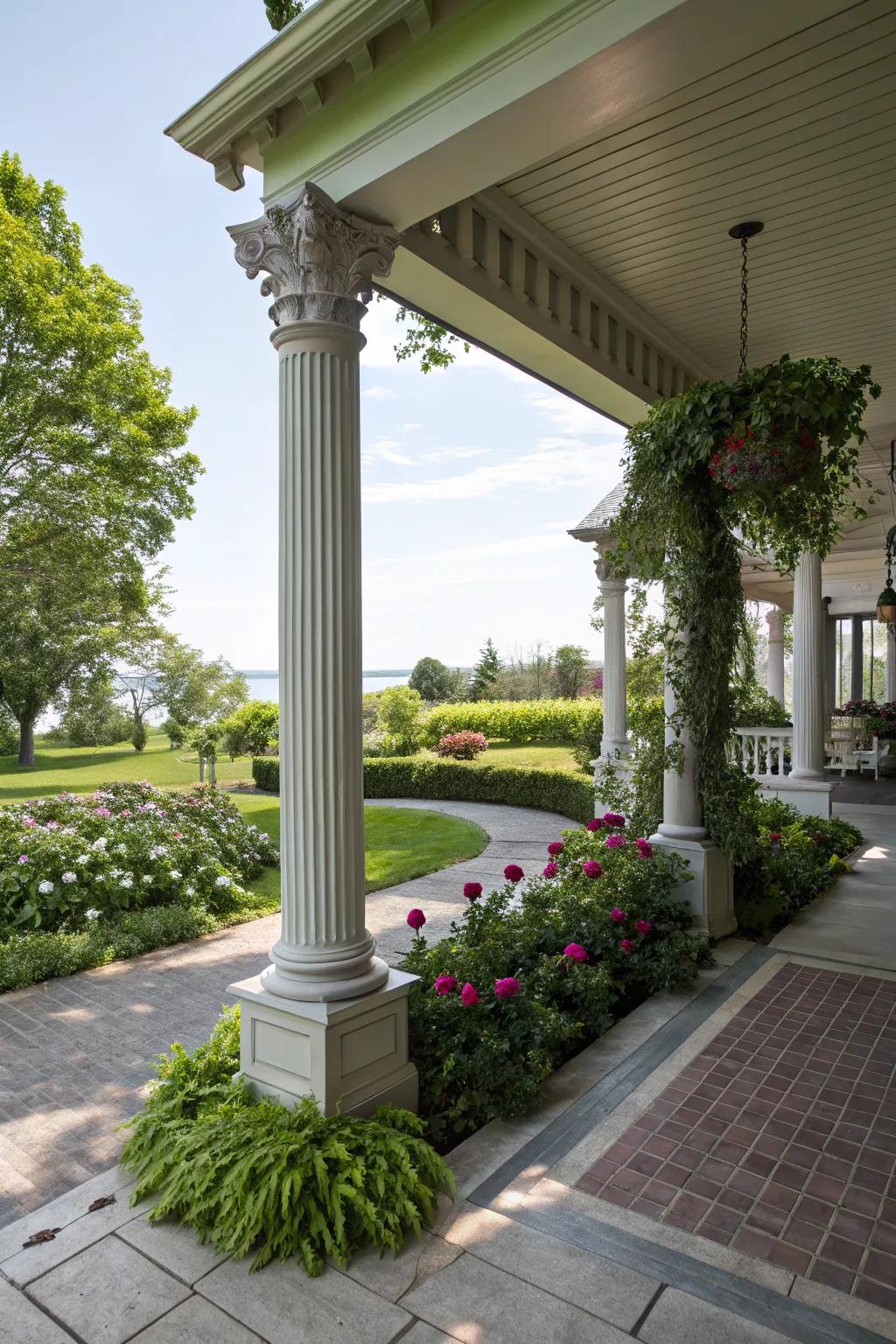 A gabled roof adds a modern architectural element to the farmhouse porch.
