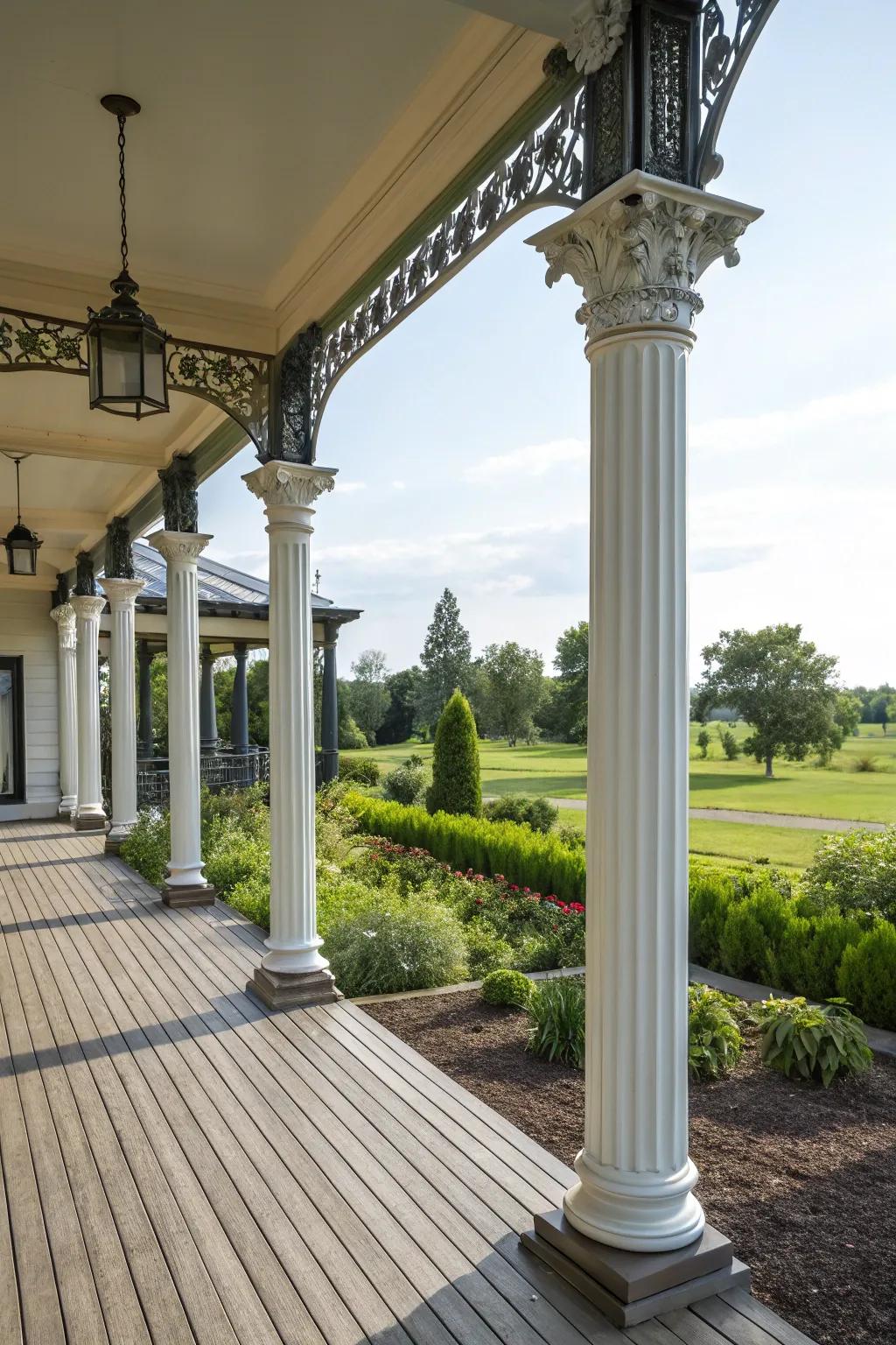 Metal accents bring a modern twist to traditional wooden columns.