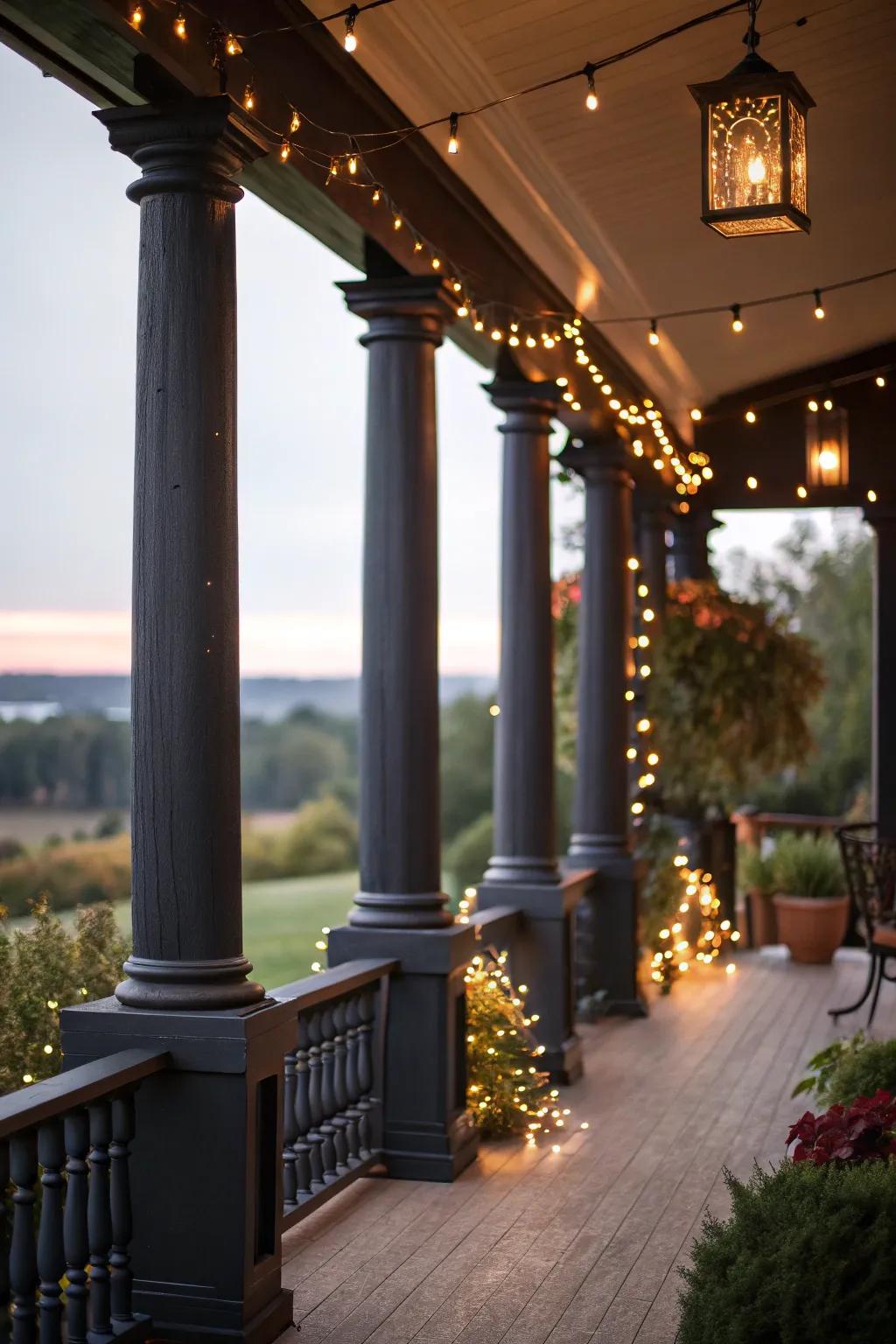 Dark columns create a striking contrast against a light porch setting.