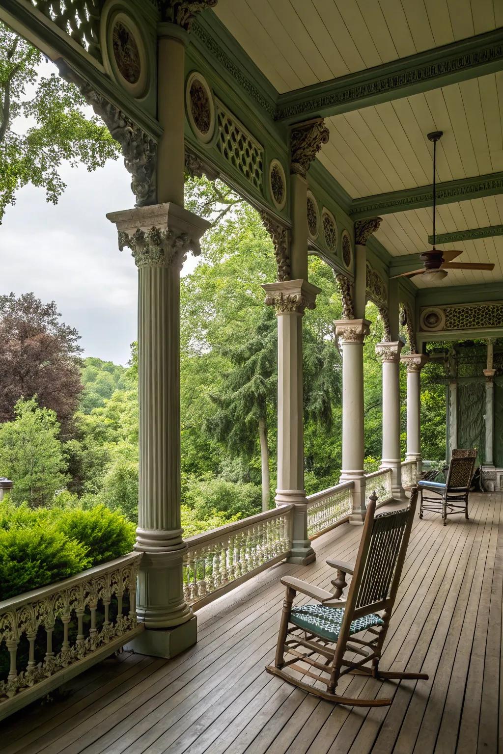 A wraparound porch with columns offers a timeless farmhouse appeal.