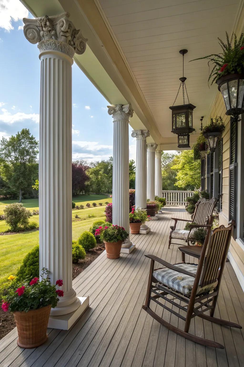Tapered columns offer a sleek and elegant farmhouse porch design.