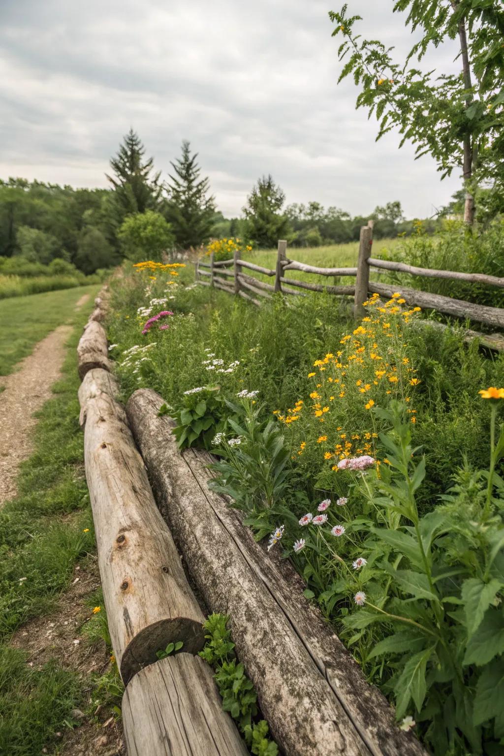 Log edges offer a rustic charm to property boundaries.