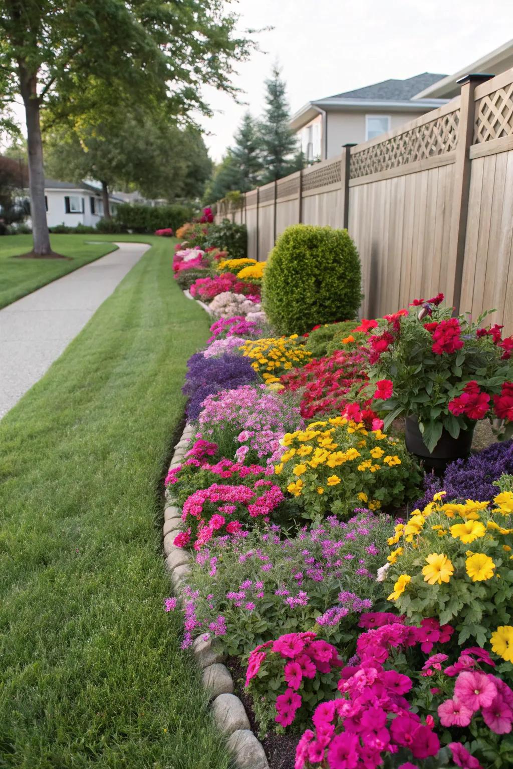 Vibrant landscaping beds create a colorful property line divider.