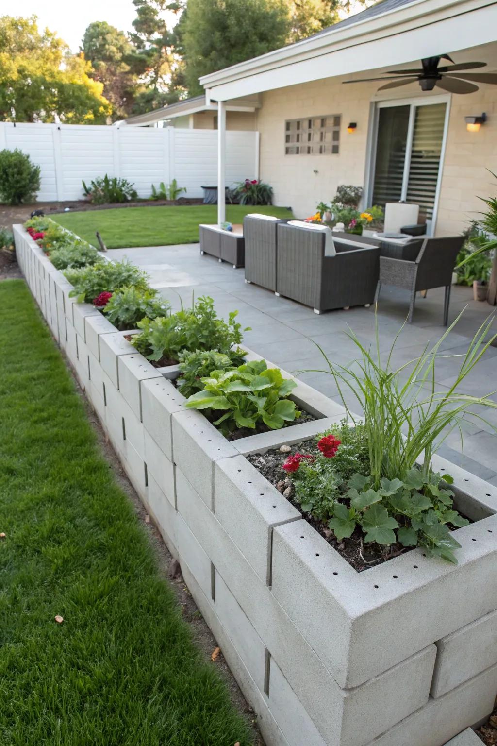 Cinder block planters provide a versatile and modern property division.