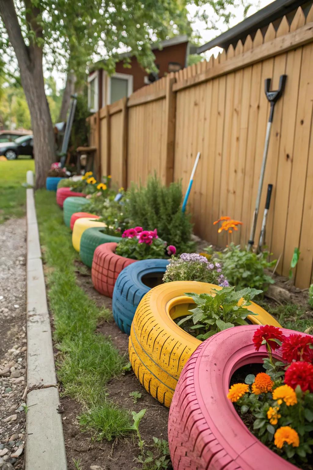 Tire planters provide a whimsical and recycled approach to property boundaries.