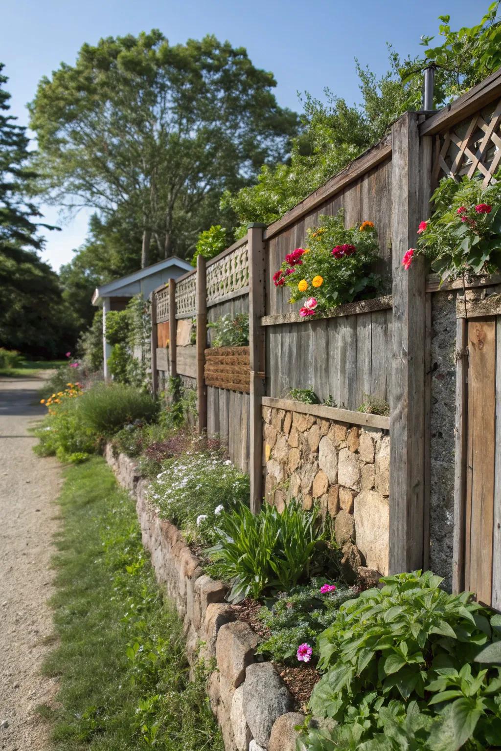 Recycled material walls add character and sustainability to property lines.