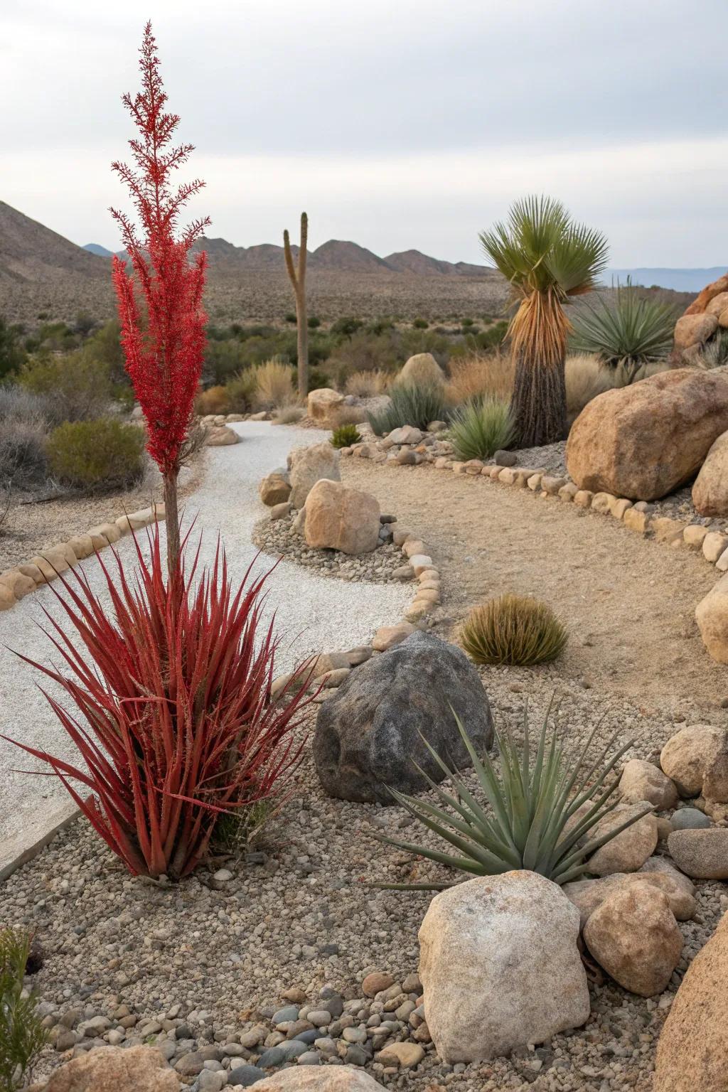 Turn your garden into a serene desert landscape with red yucca and natural stone elements.