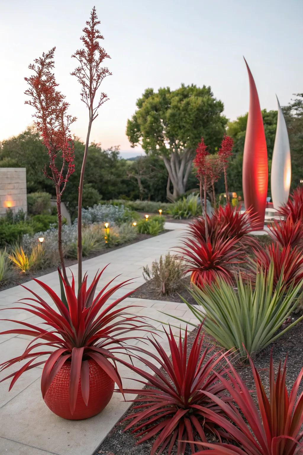 Unleash your creative spirit with an artistic garden installation featuring red yucca.