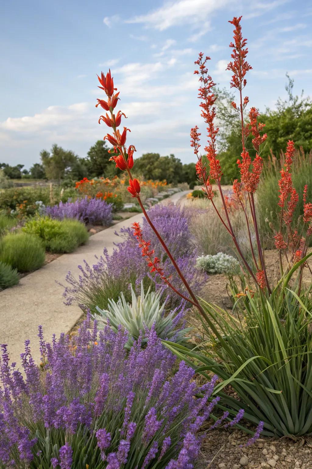Create a tapestry of colors with red yucca and its drought-tolerant companions.