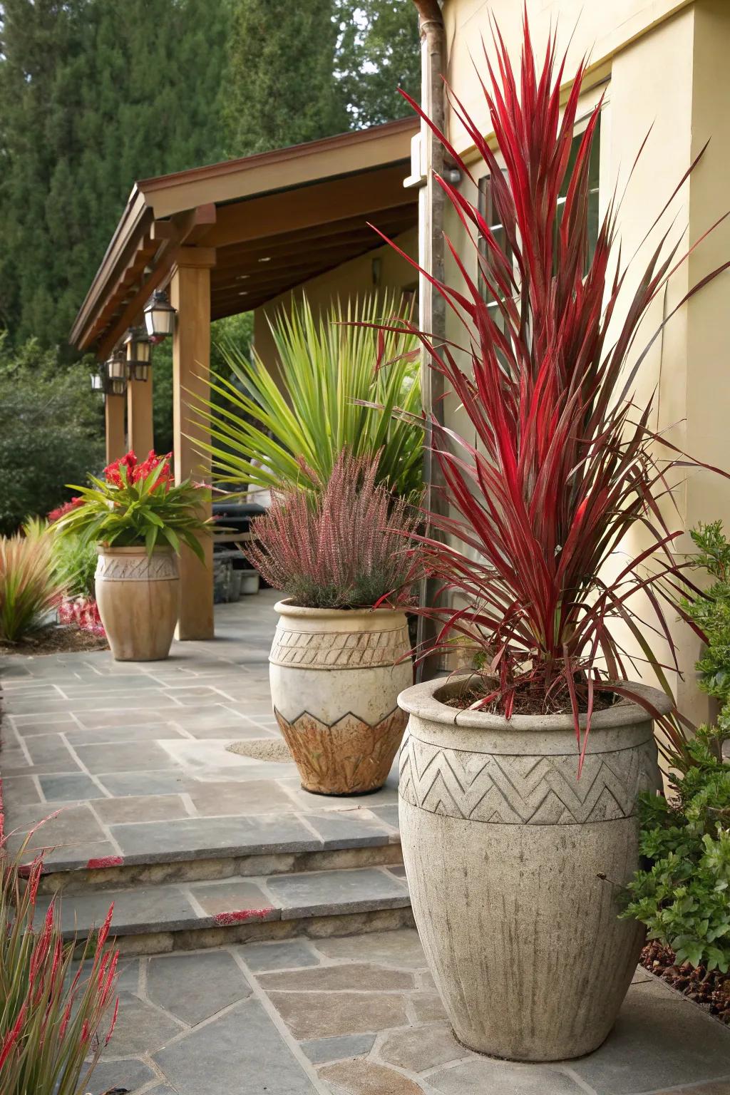 Enjoy the flexibility of container gardening with red yucca on your patio.