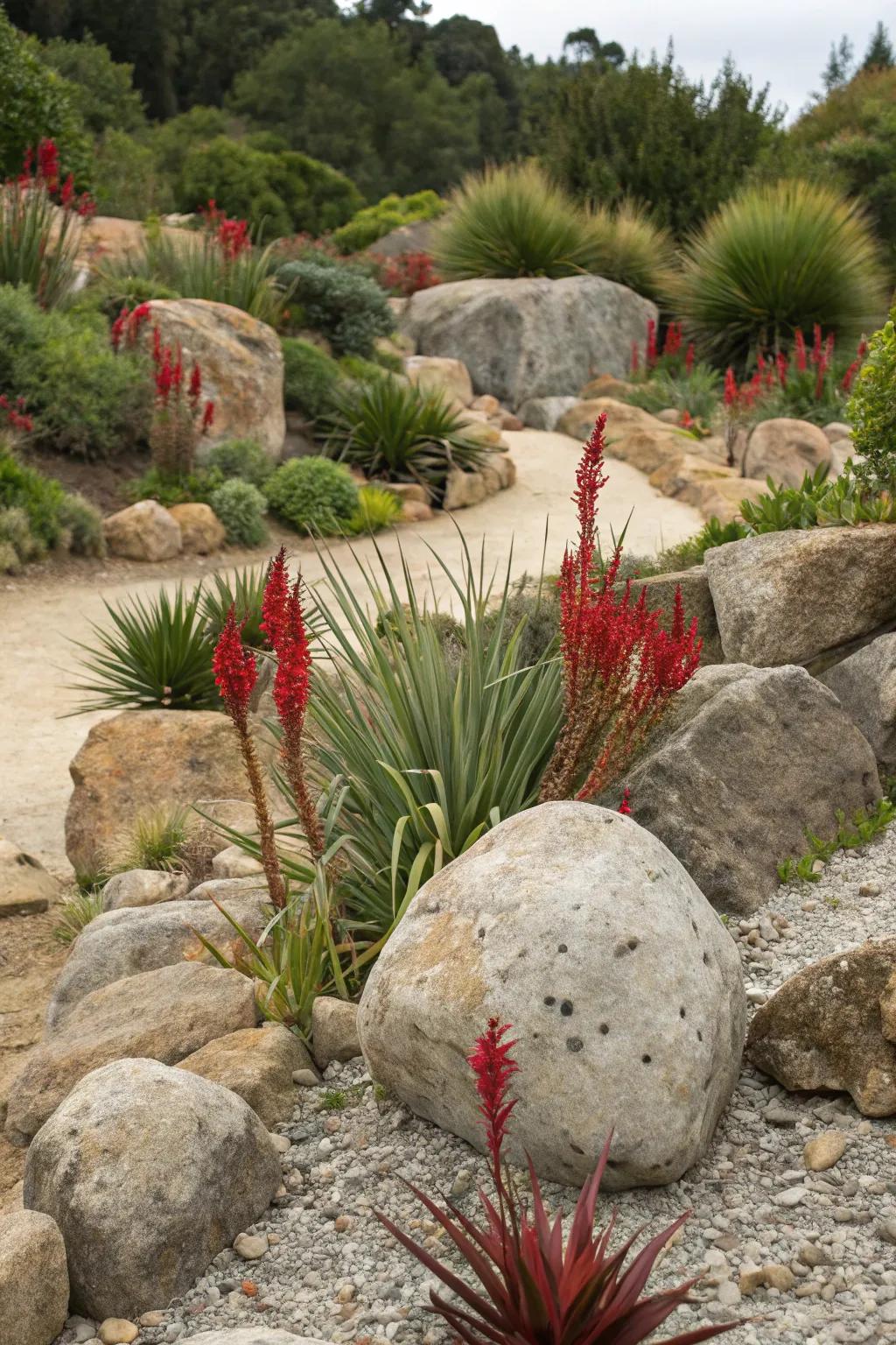 Blend the structured beauty of red yucca with the rugged charm of a rock garden.
