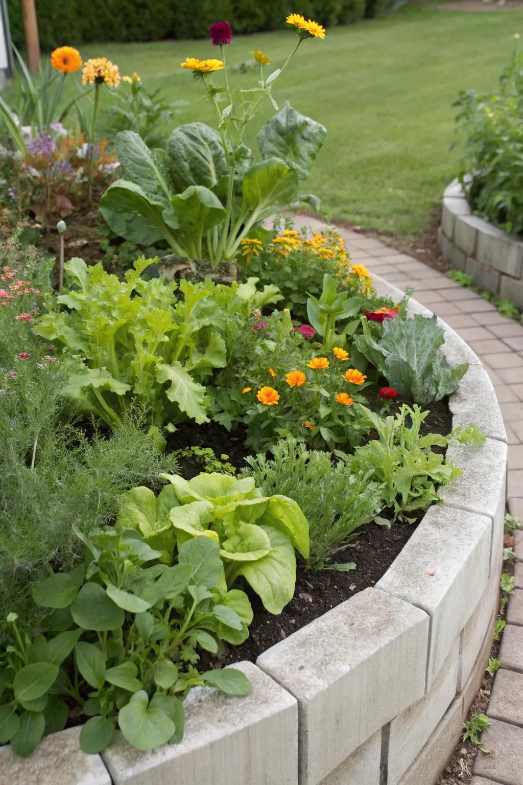 Edible plants add a practical twist to this half-circle flower bed.