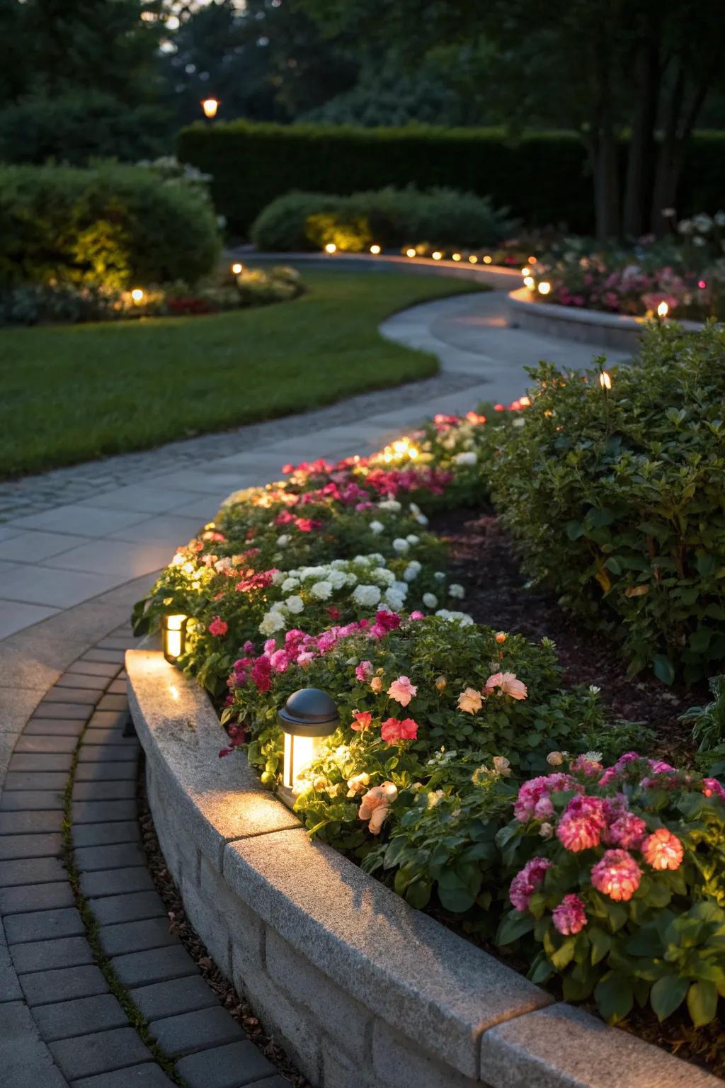 Garden lighting adds nighttime drama to this half-circle flower bed.