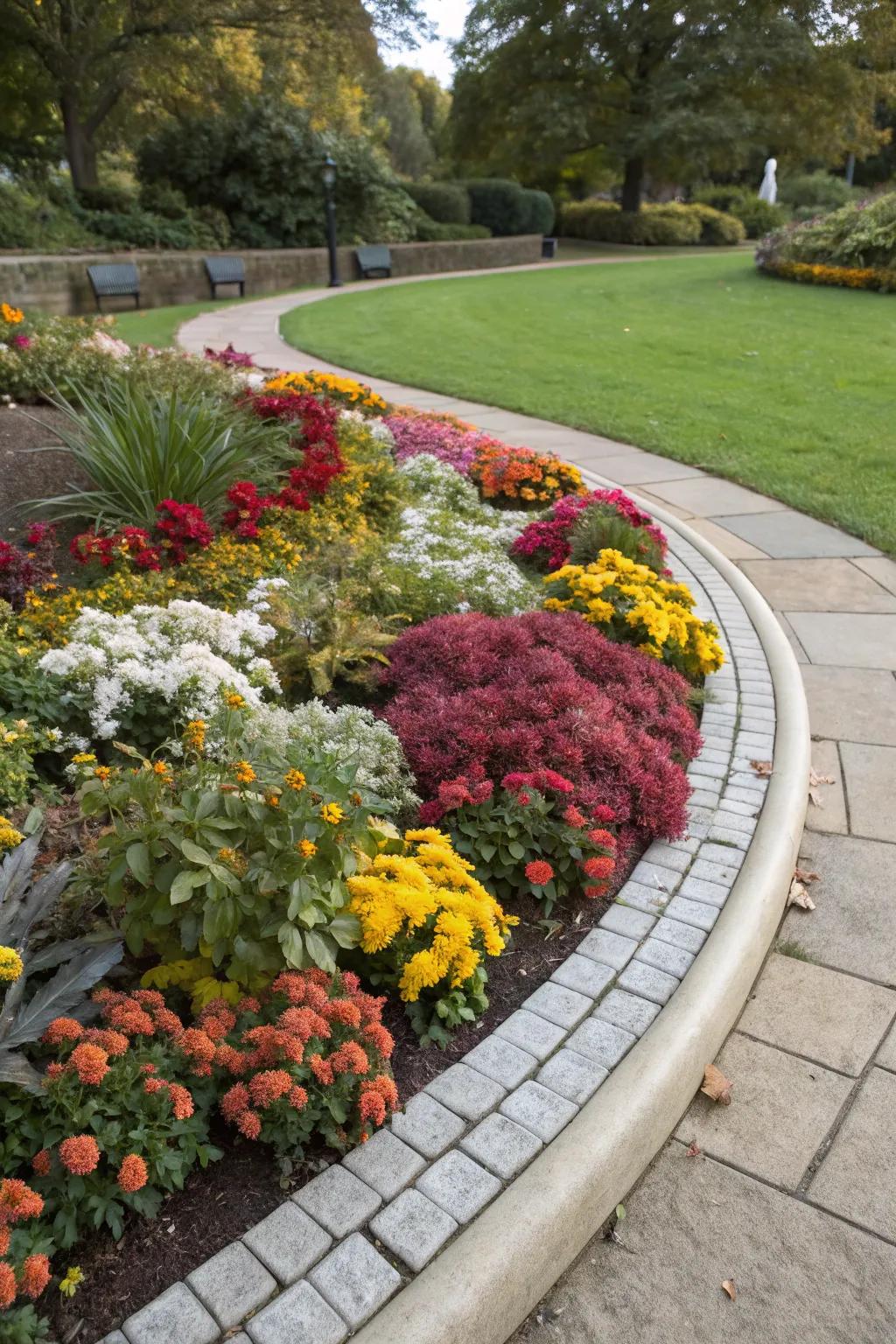 Seasonal plants ensure year-round color in this half-circle flower bed.