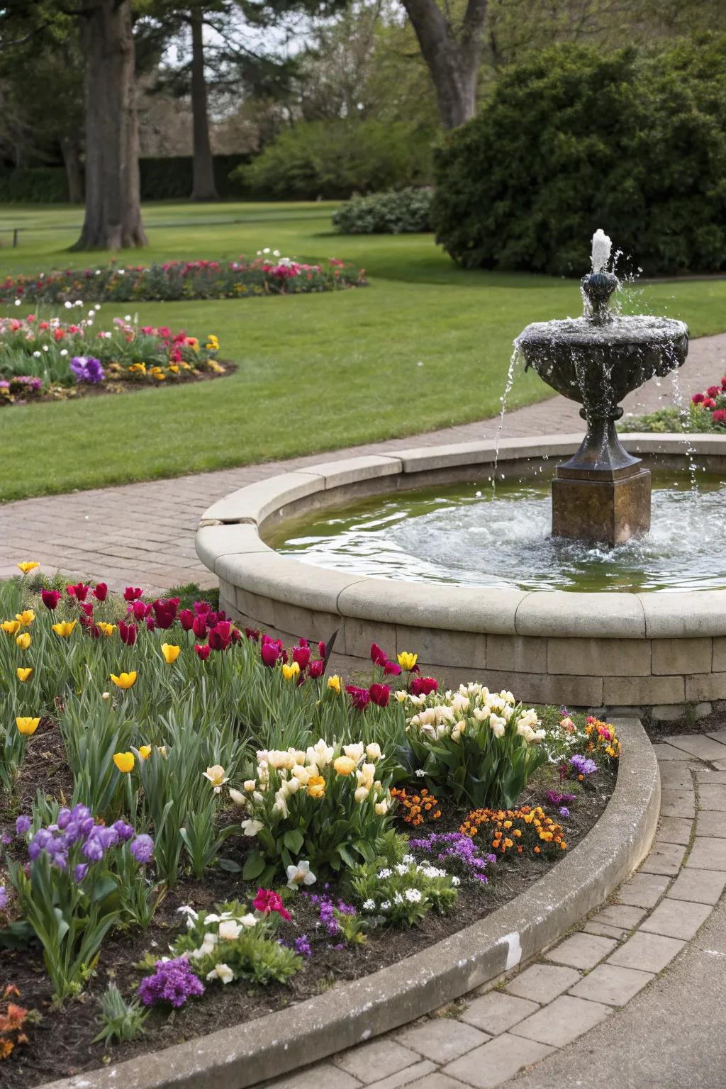 A water feature adds tranquility and elegance to this flower bed.