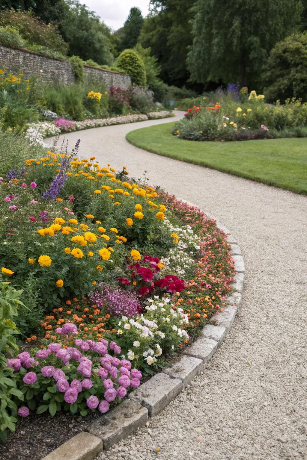 A functional pathway enhances accessibility and appeal in this half-circle bed.