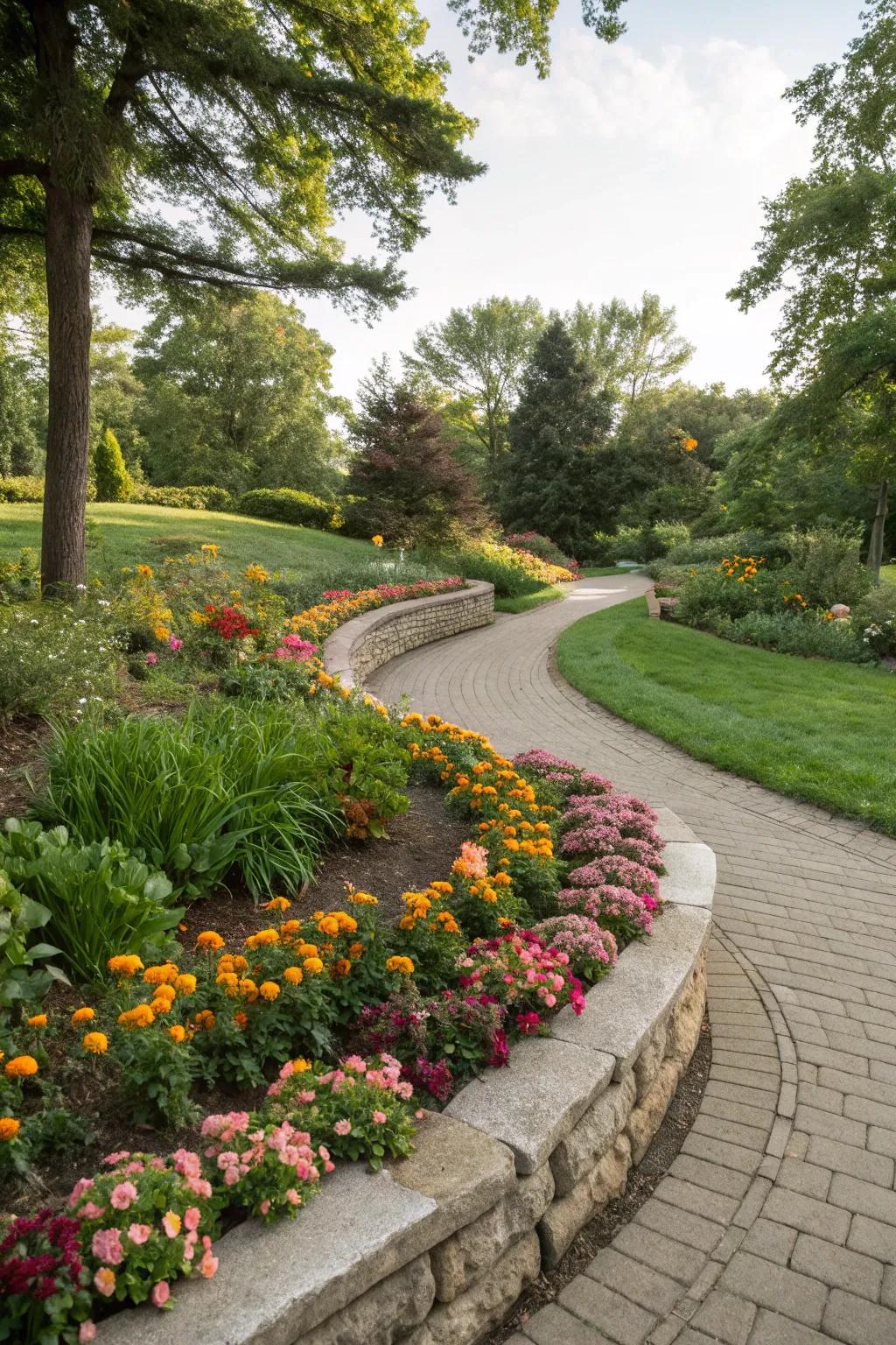 The half-circle bed seamlessly integrates with the existing garden landscape.