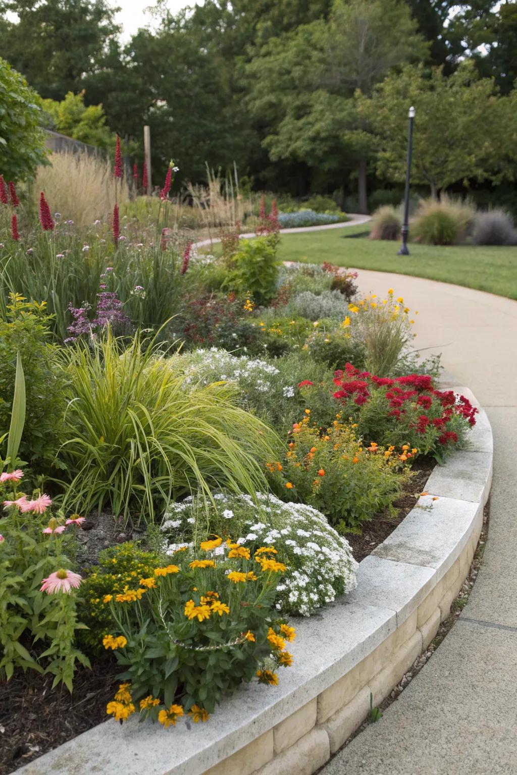 Native plants offer beauty and resilience in this half-circle flower bed.
