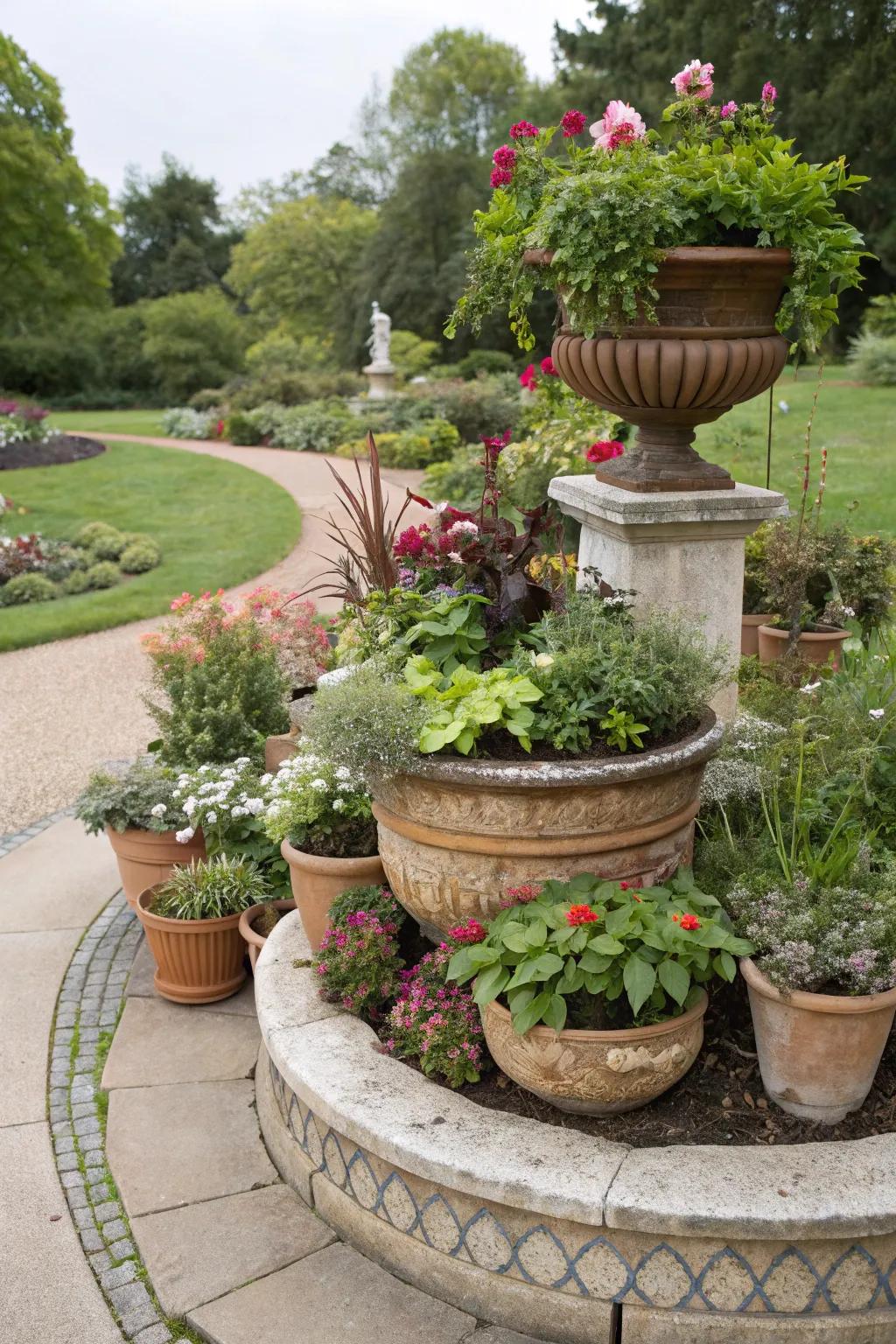 Planters add dimension and height to this half-circle flower bed.