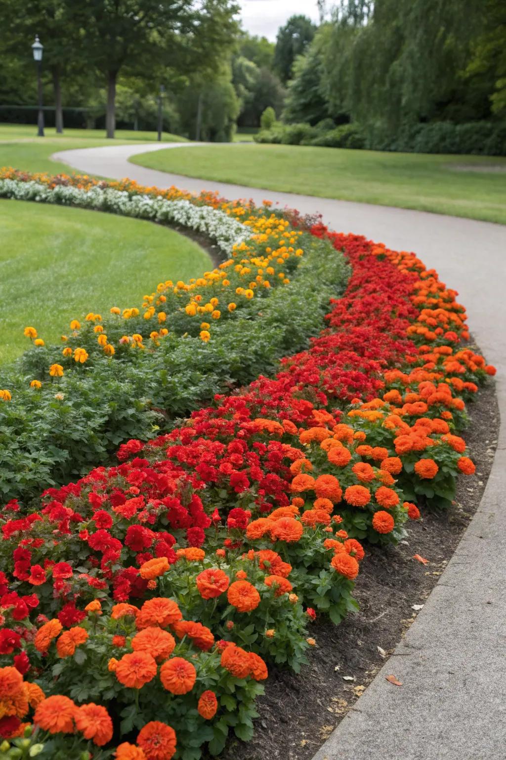 Color block planting creates a bold statement in this flower bed.