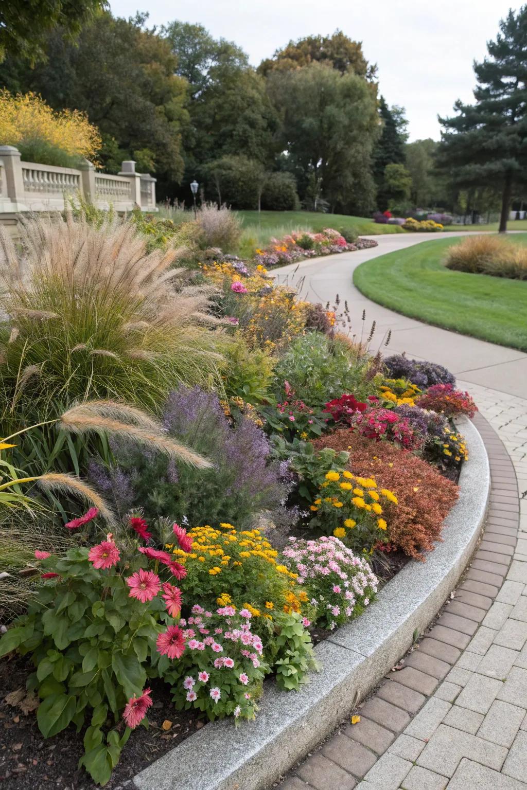 A diverse mix of plants keeps this half-circle bed vibrant and interesting.