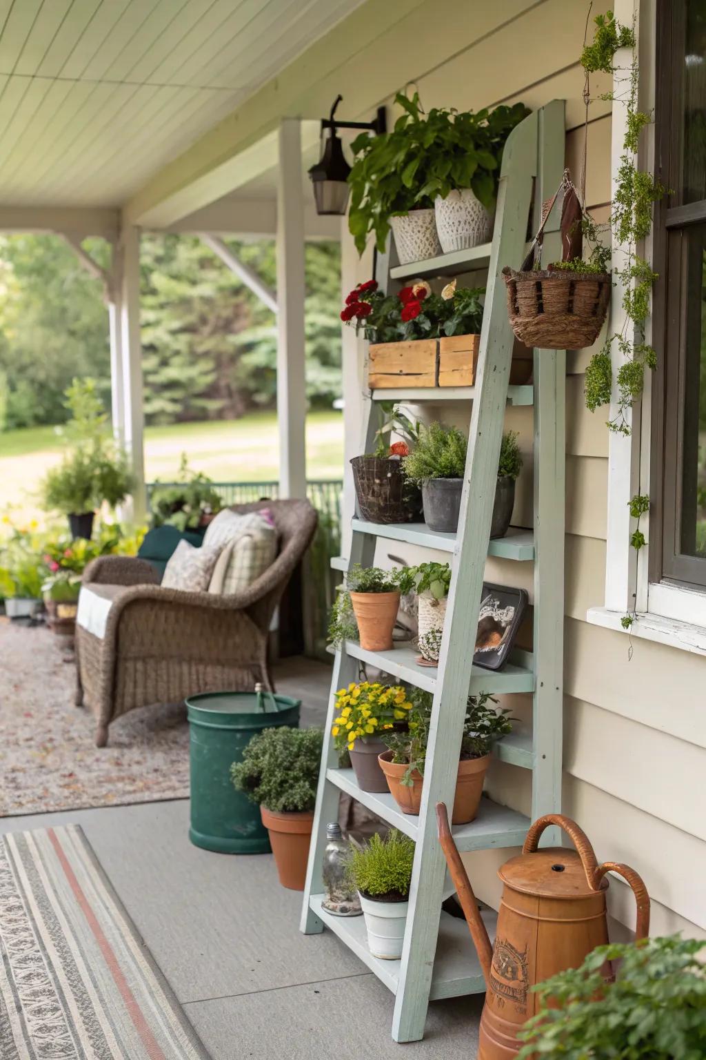 A vertical shelving unit can maximize your porch's storage space.