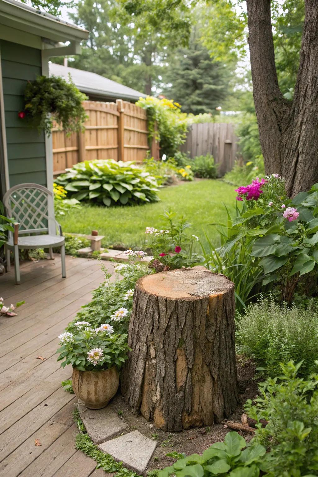 Nature meets decor with a tree stump side table.
