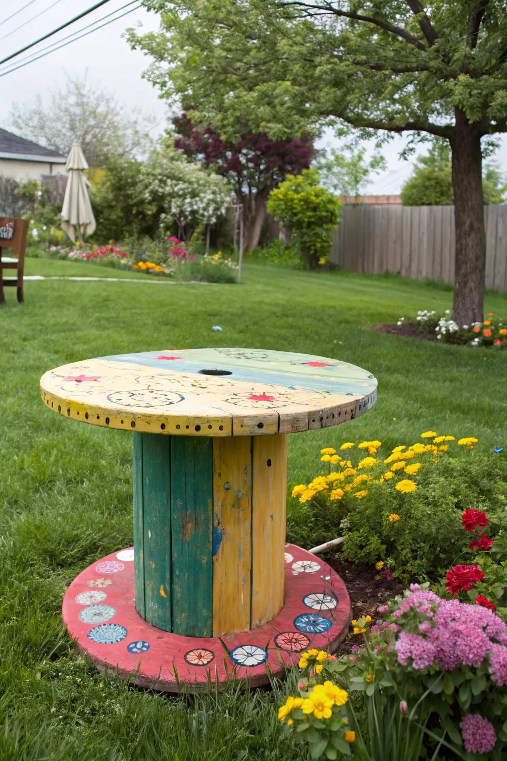 A colorful cable spool turned into a unique side table.