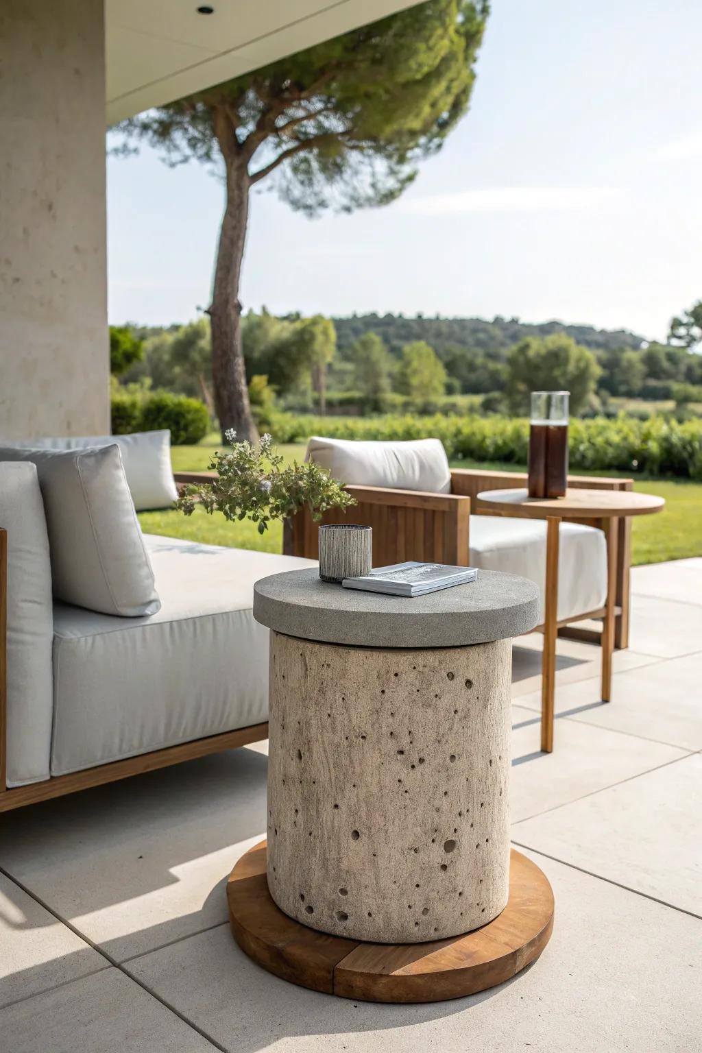 A modern contrast with concrete and wood.