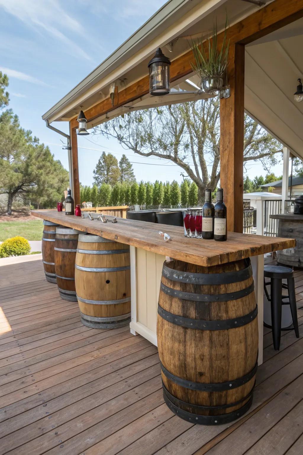 A wine barrel bar that brings rustic charm to your deck.
