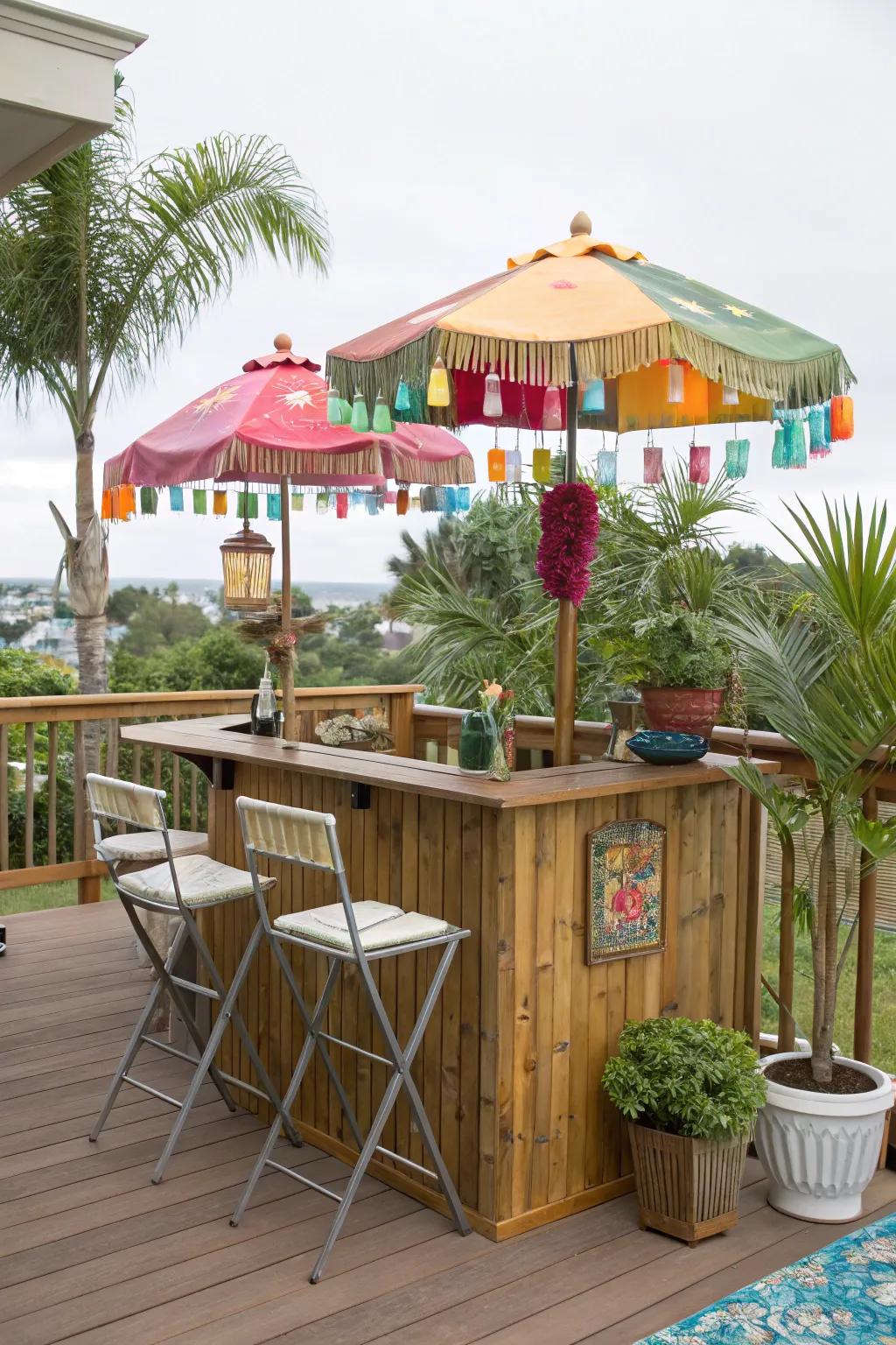 A portable tiki bar brings a touch of the tropics to your deck.