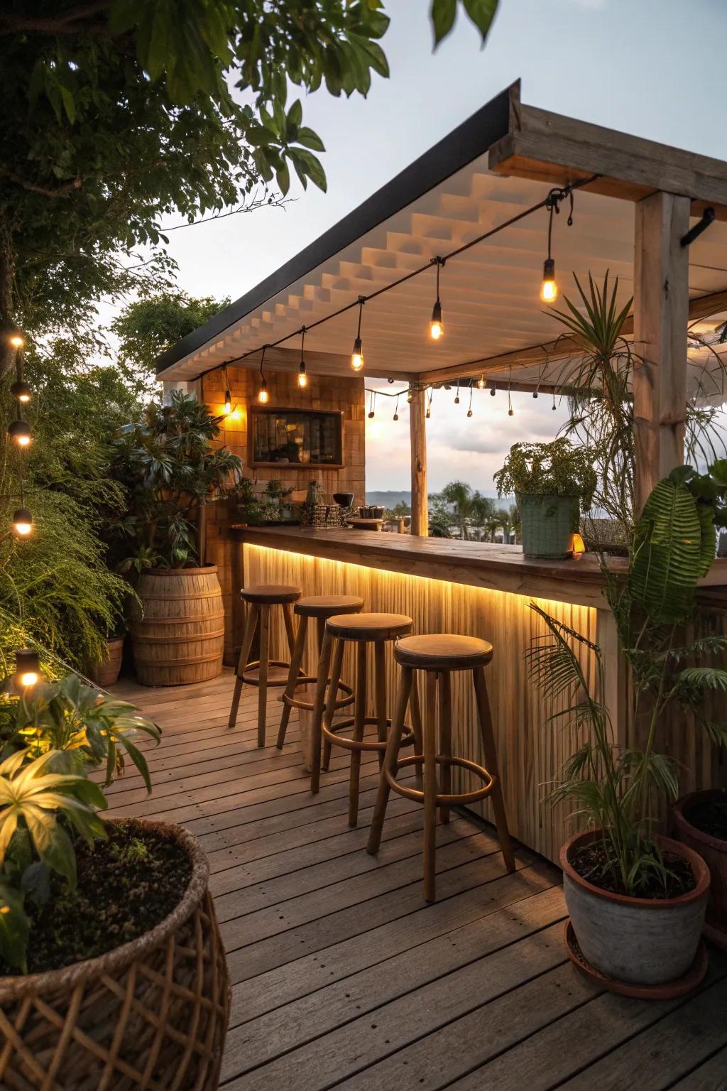 A corner bar that embraces the cozy charm of your deck.